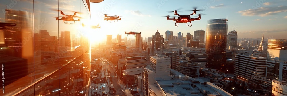 Poster drones flying over a cityscape at sunset bathed in warm sunlight creating an orange and yellow gradi
