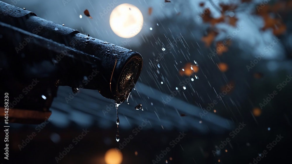 Aufkleber Close-up of a wet roof edge with falling raindrops under a blurred full moon creating a moody atmospheric scene. Soft focus autumn leaves add warmth to a dark and wet backdrop