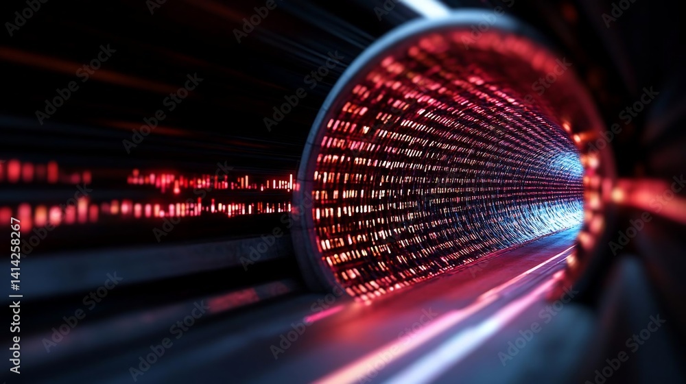 Poster Abstract digital tunnel with data streams and vibrant red and blue lights, suggesting technology or network data transfer through illuminated passage in the dark
