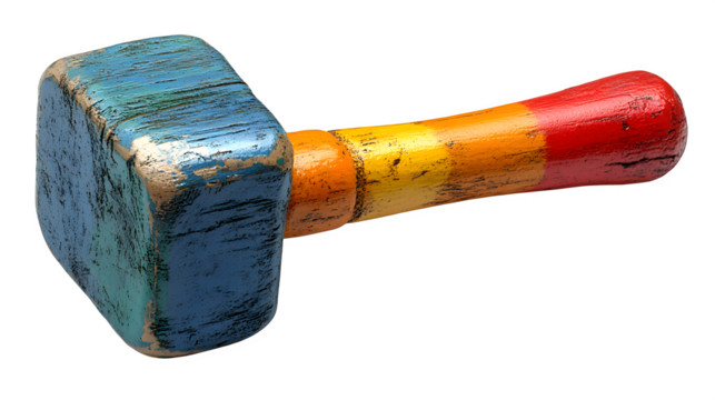 Toy hammer, colorful plastic, isolated on white background