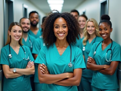 A Diverse Group Of Smiling Healthcare Professionals In Teal Scrubs With Stethoscopes Poses Confidently In A Bright Hospital Hallway, Led By A Woman With Arms Crossed, healthcare team, medical staff