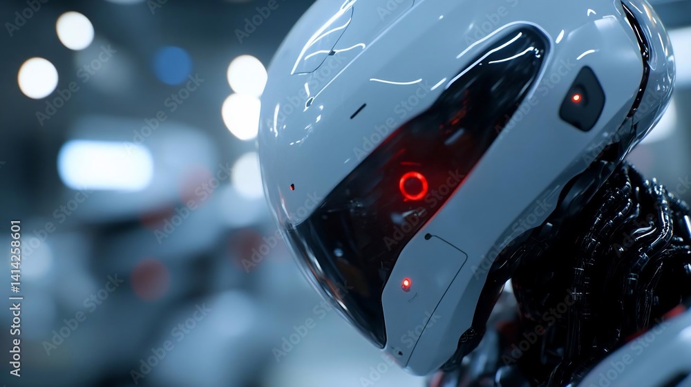 Poster Close up view of futuristic robot with glowing red eyes and a white helmet in a technological environment. The focus is on the robot's face with blurred background details and reflective surfaces