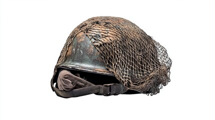 Obraz premium An iconic military helmet covered in camouflage netting. This image captures the essence of protection in combat. A symbol of bravery and resilience. Generative AI