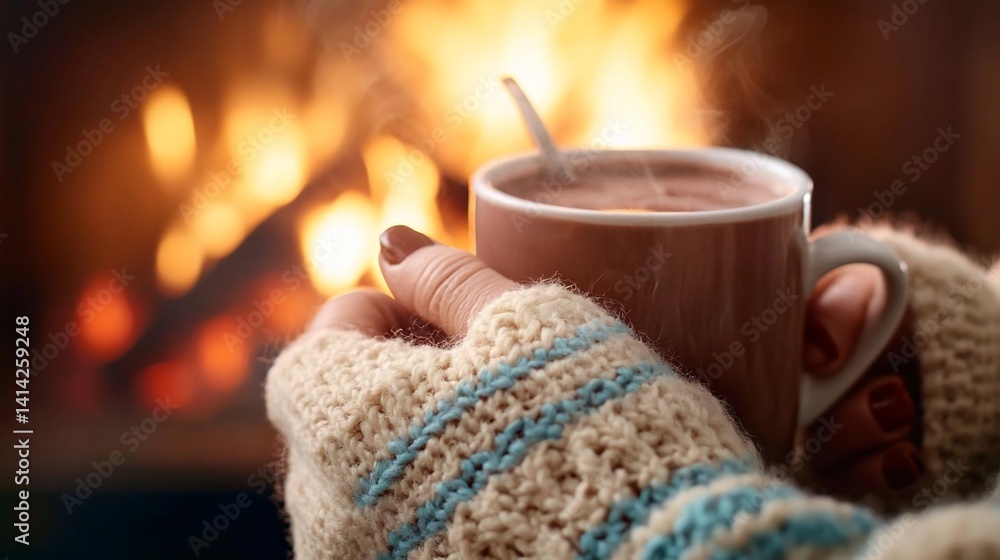Poster warm hands holding a mug of hot chocolate with a spoon steaming in front of a cozy fireplace with a 