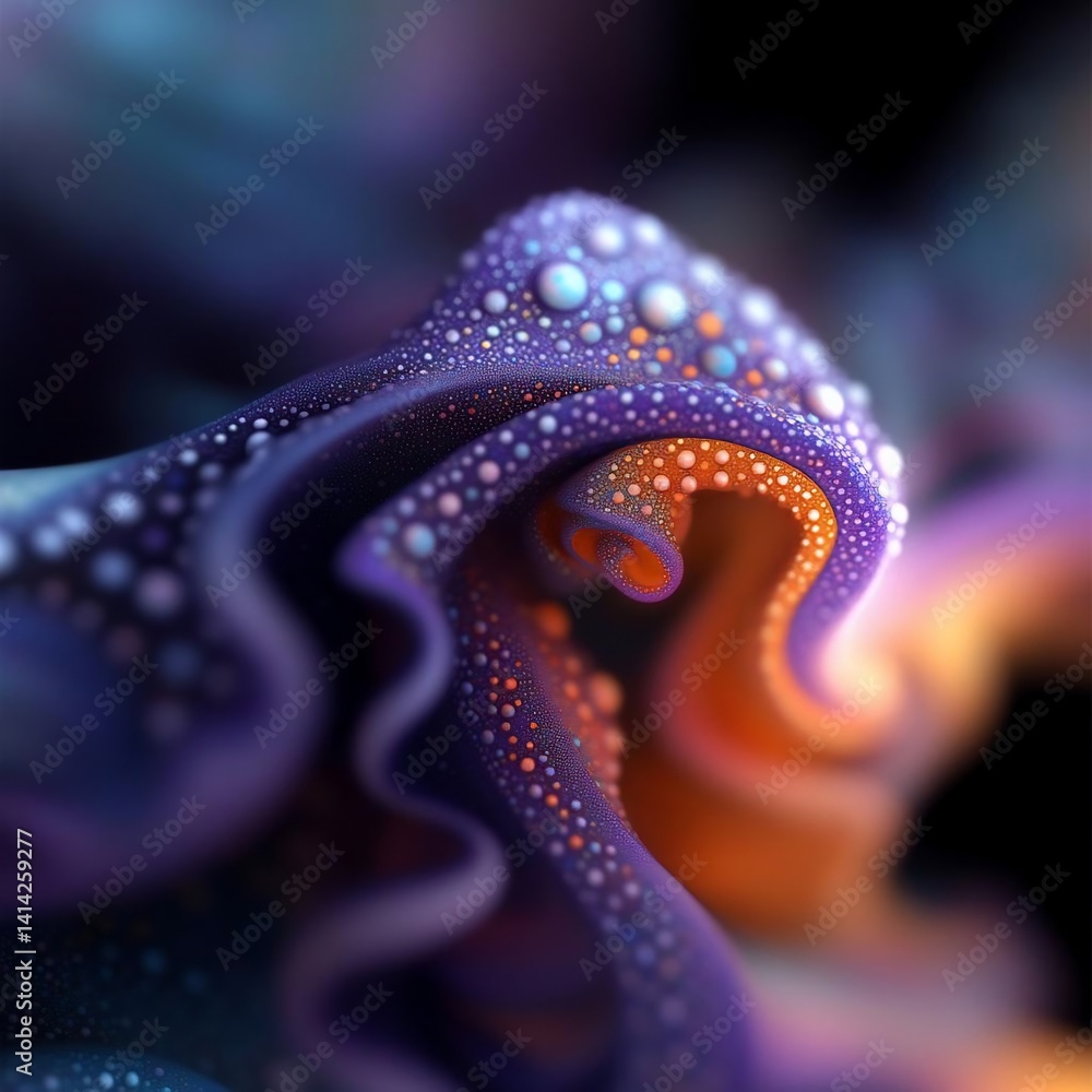 Poster Abstract artwork featuring a swirling organic form. The image showcases a blend of purple orange and blue hues with intricate textures and a bokeh background. It evokes a sense of depth and