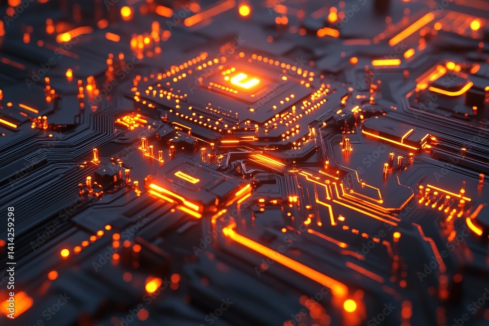 Aufkleber abstract ai chip with glowing interconnected circuits forming upward trending visuals in neon tones.