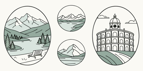 Minimalist Circular Line Art Icons: Mountain Lake Landscape, Dome Building, Nature Travel Illustrations