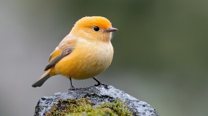 Fototapeta premium Small, vibrant orange bird perched on a mossy rock