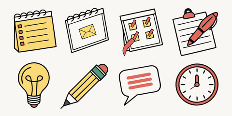 Doodle Office Productivity Icons Vector Set Planning Organization Time Management Notepad Calendar Checklist Clock Pencil Lightbulb