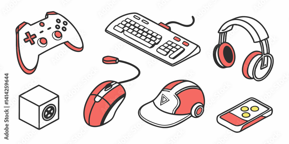 Poster isometric gaming peripherals illustrations controller keyboard mouse headset speaker cap handheld co