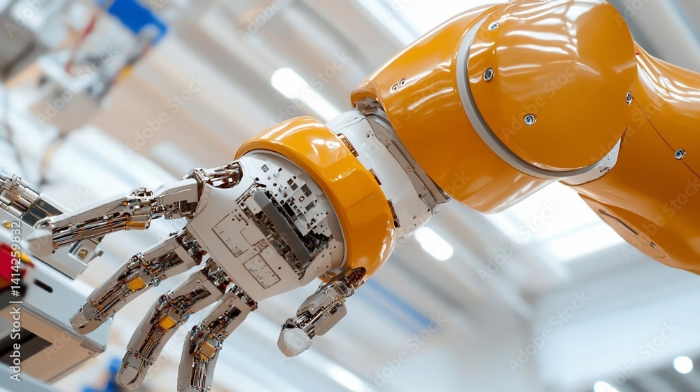 Poster Close-up view of a robotic arm with orange and metallic components in a bright industrial setting. Focus on mechanical details and engineering precision