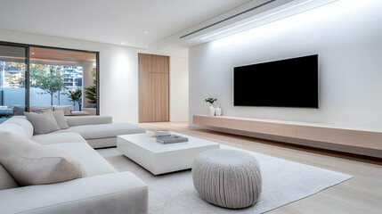 Modern living room interior design neutral color palette comfortable seating elegant style