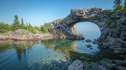 Fototapeta premium Majestic Arch Rock Facing the Crystal Clear Sea, Embracing the Serenity and Beauty of Coastal Nature’s Wonders