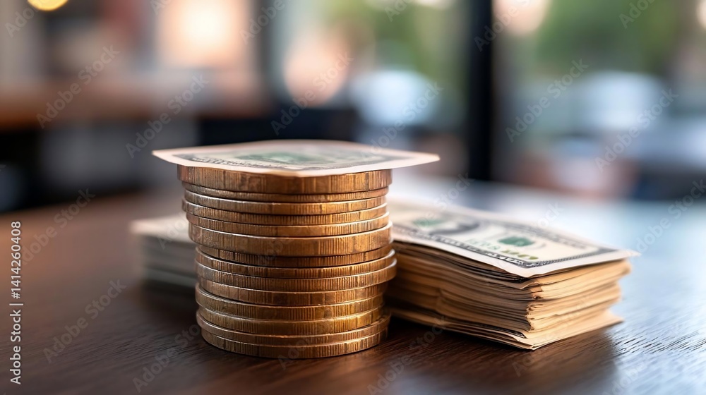 Poster close-up shot of stacked coins and us dollar bills on a wooden surface. the focus is on financial co