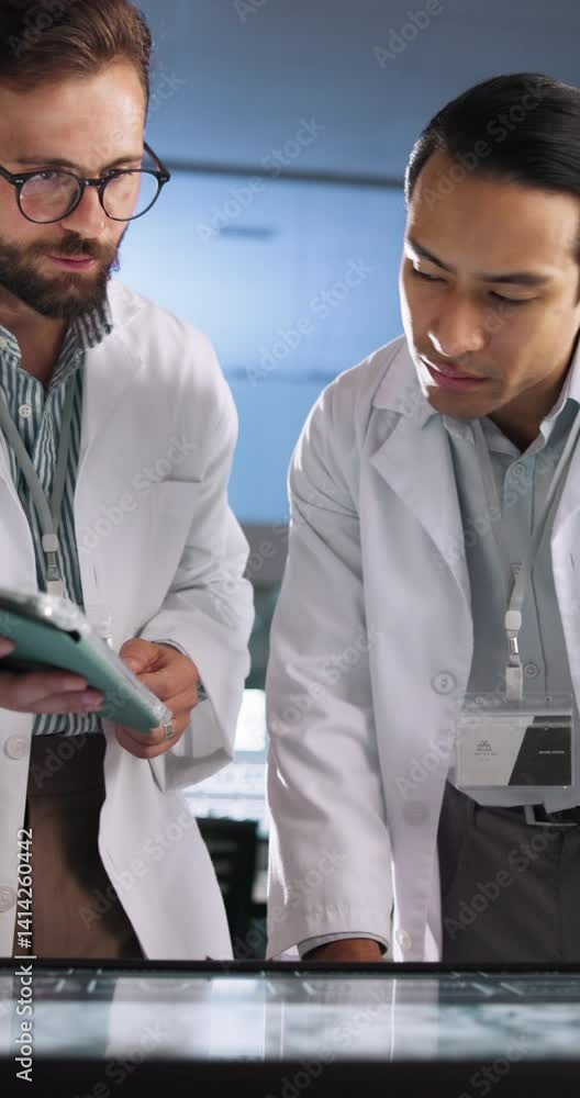 Poster innovation, scientist and men with tablet, lab and medical research with interactive display and tea