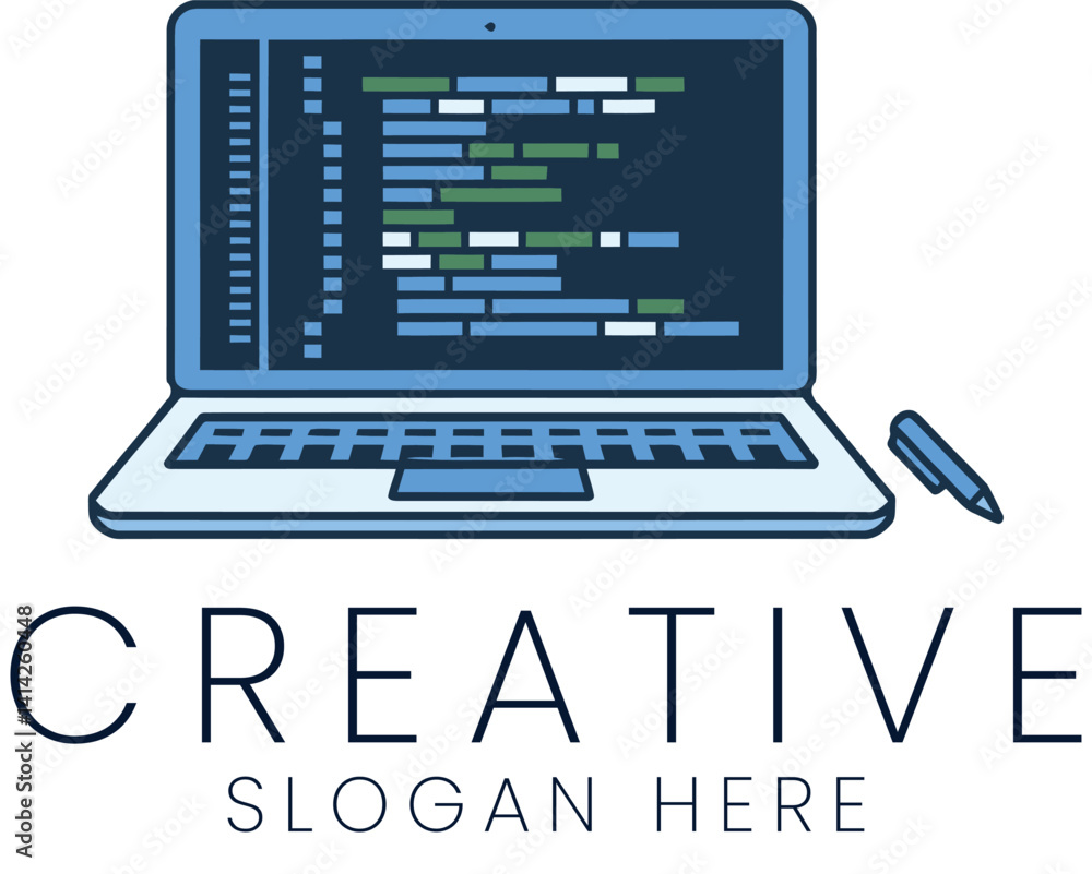 Poster modern laptop coding design digital art vector illustration pen web code blue dark data