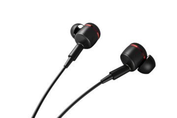 Stylish black earphones with red accents resting on a smooth gray surface isolated on transparent background