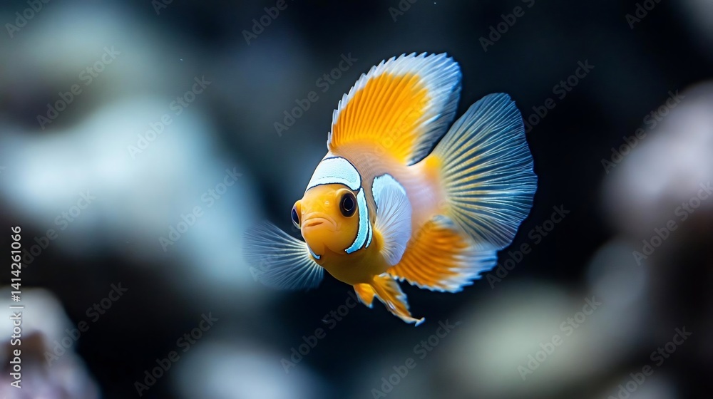 Poster vibrant orange and white fish swims in clear water against a blurred background of coral and rocks. 