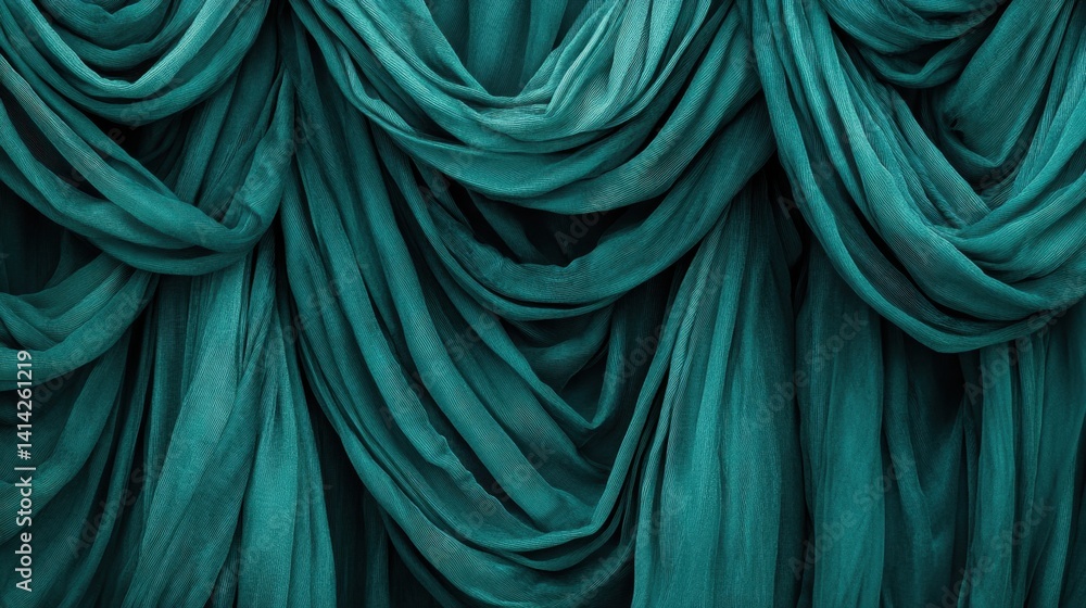 Poster elegant green curtain draped gracefully against dark background creating a soft and inviting atmosph