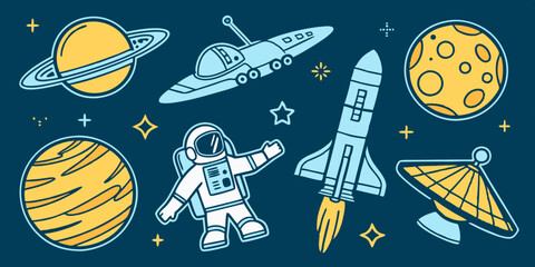 Cartoon Space Elements Planets Astronaut Rocket Spaceship Moon Satellite Dish Vector