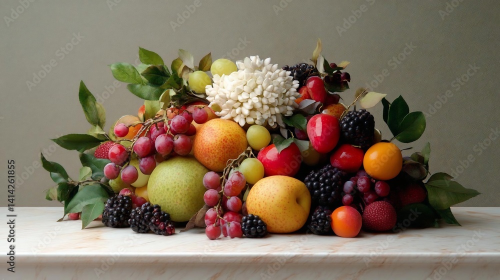Poster still life composition of assorted fruits including grapes, pears, and berries arranged on a white s