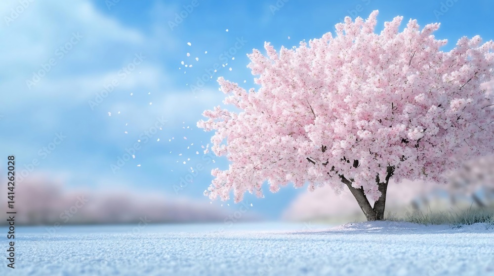 Poster blossoming tree with pink petals on a snowy path under a blue sky with scattered floating particles.