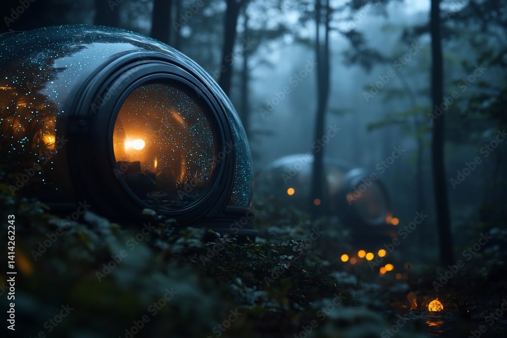 Aufkleber Generic structures nestled within a misty forest illuminated by internal warm light and bokeh effects creating a magical ambiance