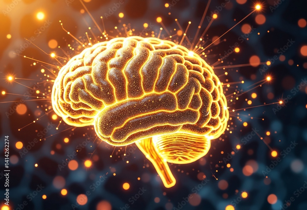 Poster golden neural brain network illuminated with digital sparks, symbolizing intelligence, connectivity,