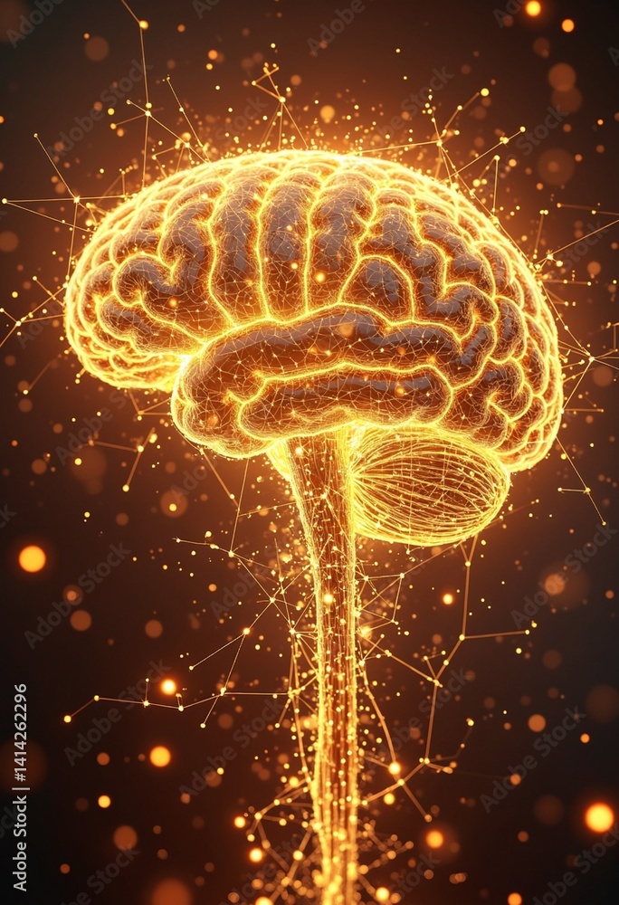 Aufkleber Golden neural brain network illuminated with digital sparks, symbolizing intelligence, connectivity, and the future of technology