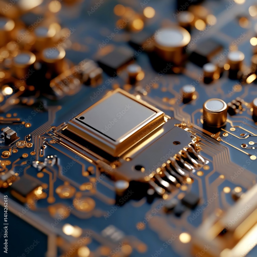 Aufkleber close-up of a detailed circuit board with metallic components. blue background highlights electronic