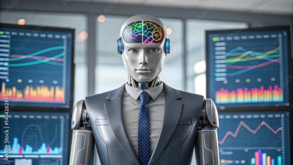 Poster a humanoid robot in a suit stands before digital graphs, symbolizing the fusion of technology and bu