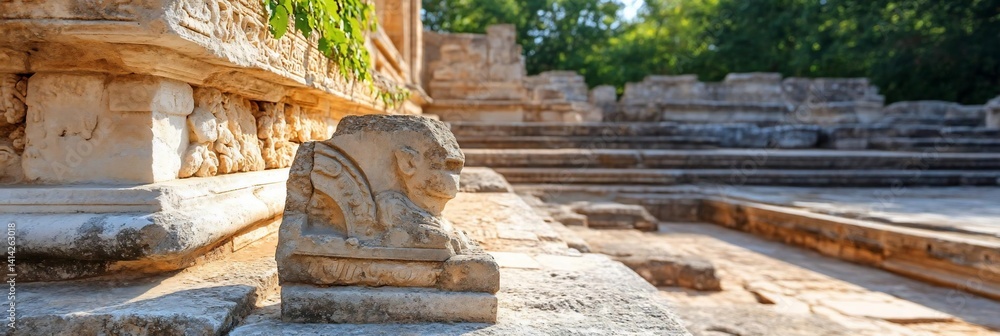 Aufkleber ancient stone architecture fragment featuring a carved lion head and aged textures with blurred back
