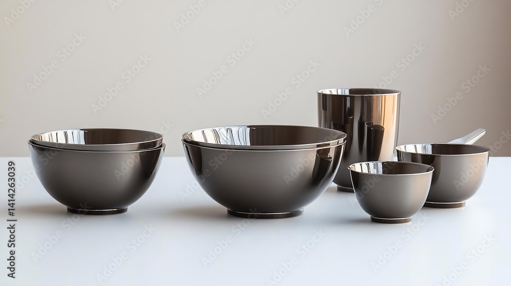 Poster arrangement of metallic tableware comprising bowls cup and spoon set against a neutral backdrop with