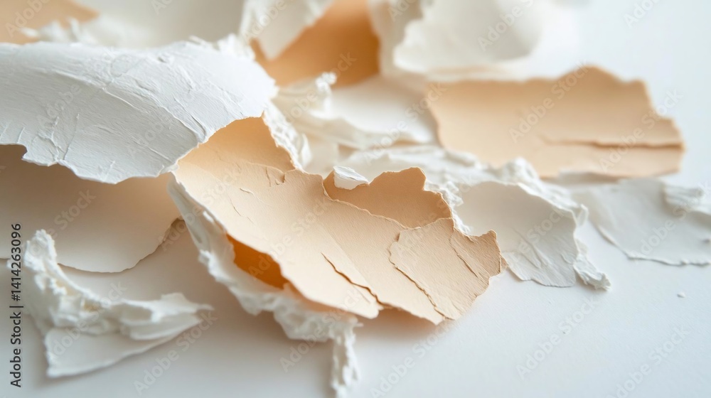 Poster close-up of broken eggshells scattered on a white surface. the shells are a mix of white and beige t