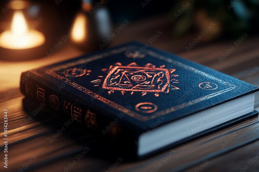 Poster Close-up of a leather-bound book with intricate gold-colored illuminated symbols and patterns resting on a wooden surface. Soft lighting from candles creates a mysterious and inviting atmosphere