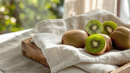 Fresh kiwi fruits displayed on linen cloth