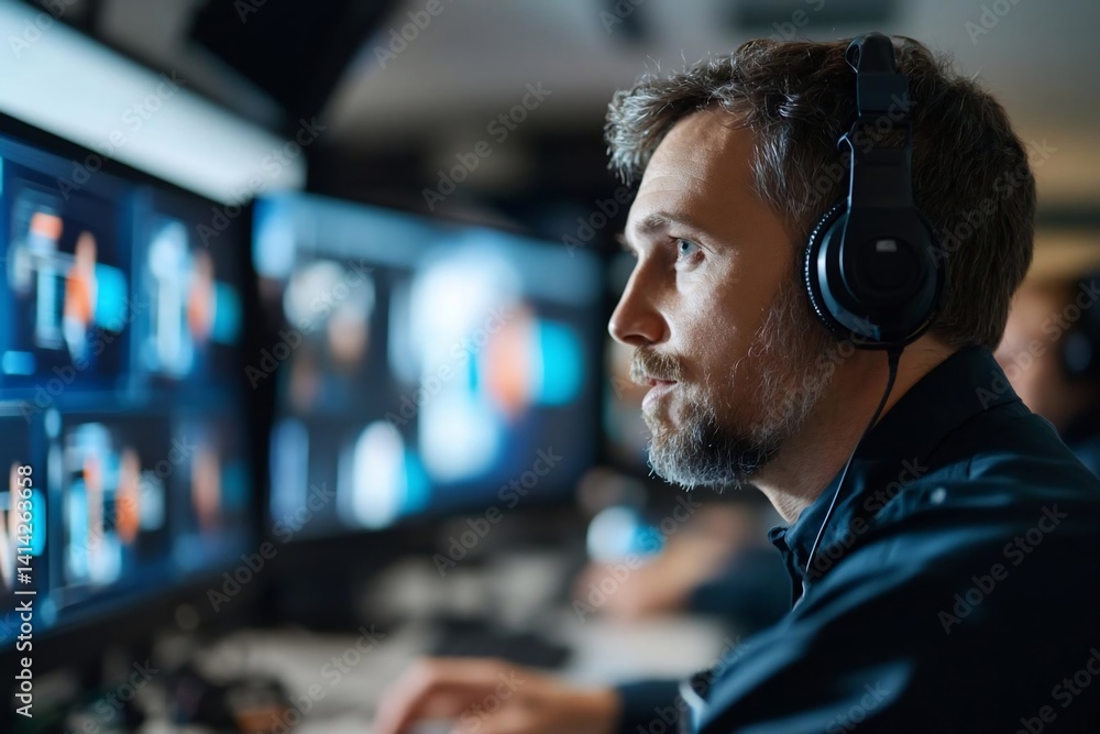 Poster Man with headphones looks at a monitor in a dark room. Focused professional working in a control center. Technology and data visualization on display