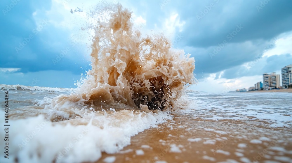 Poster Dynamic capture of a wave crashing on a sandy shore under a cloudy sky near buildings. The wave's foamy texture contrasts with the sand and sky