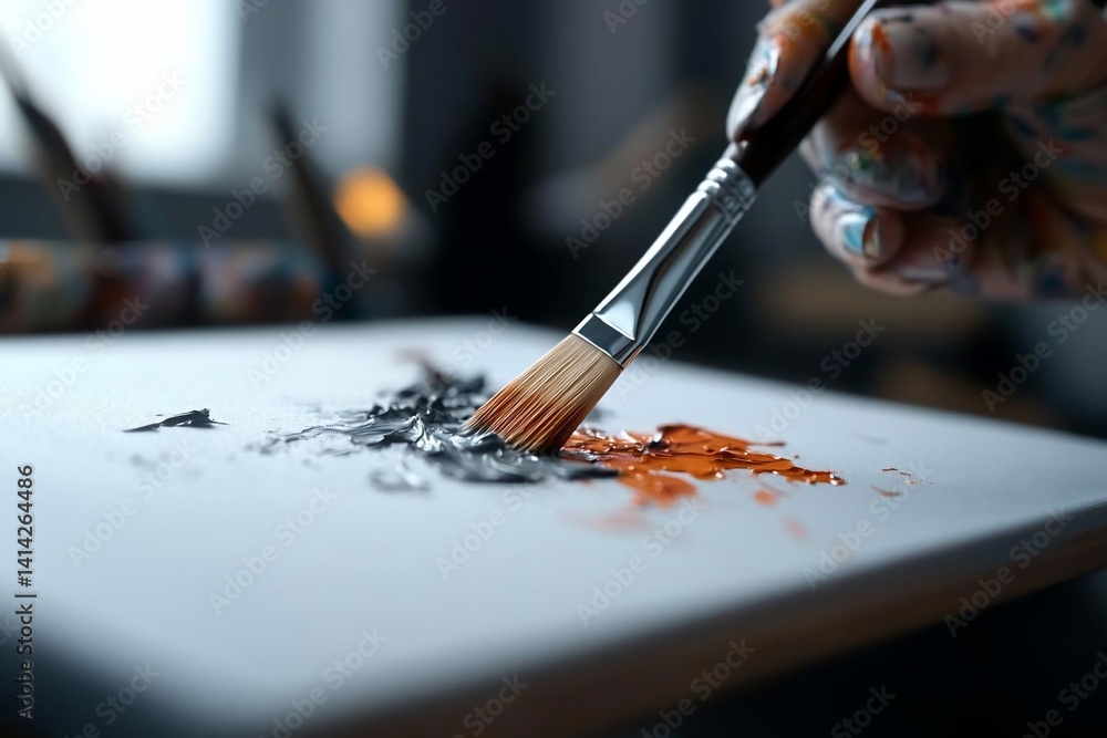 Poster Artist's hand with colorful paint on a brush creating a piece of art on a white canvas with orange and grey paint creating an abstract piece in a studio