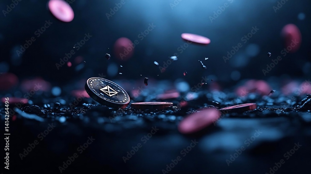 Aufkleber Abstract composition of scattered circular objects floating in a dark environment illuminated by blue lighting with selective focus and depth of field