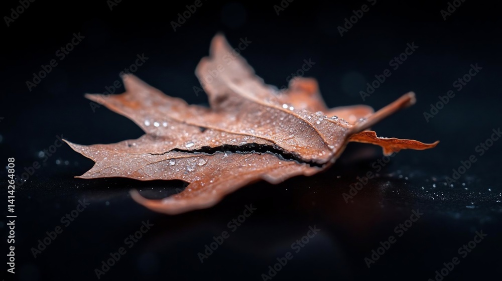 Poster macro shot of a fallen autumn leaf adorned with glistening water droplets against a dark reflective 