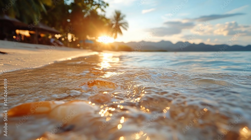 Aufkleber seashore scene at golden hour with sun setting on horizon. water washes over golden sand. trees in t