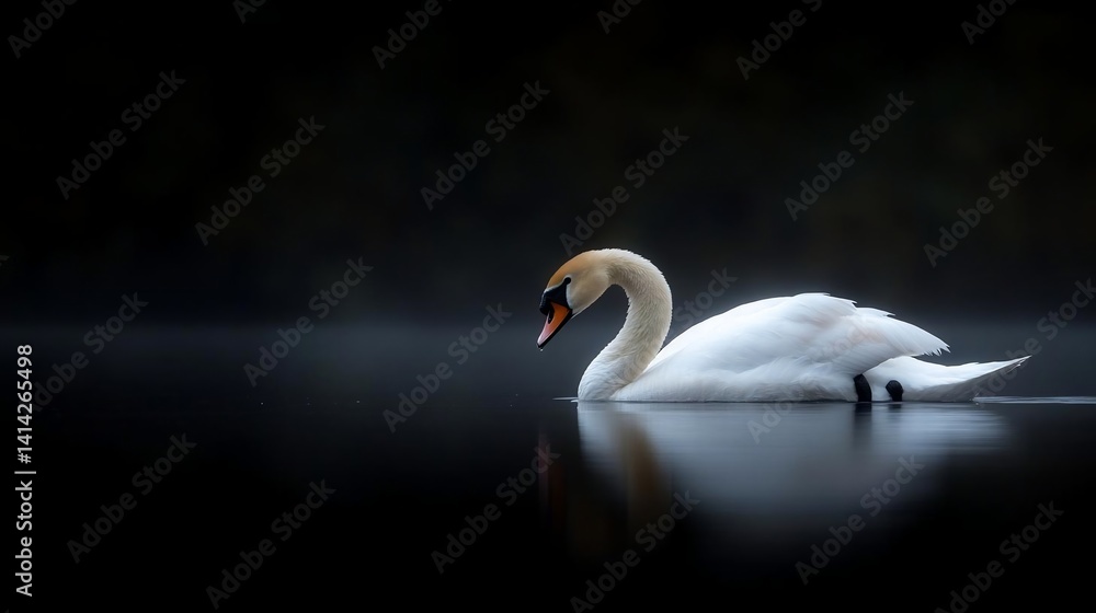 Poster elegant white swan gliding on dark water with reflection under ambient lighting capturing serene atm