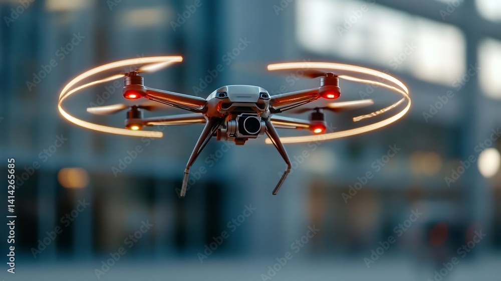 Poster Close-up of a hovering drone with illuminated rotors against a blurred urban background. The drone features intricate details, with a focus on its camera and mechanical structure. A dynamic