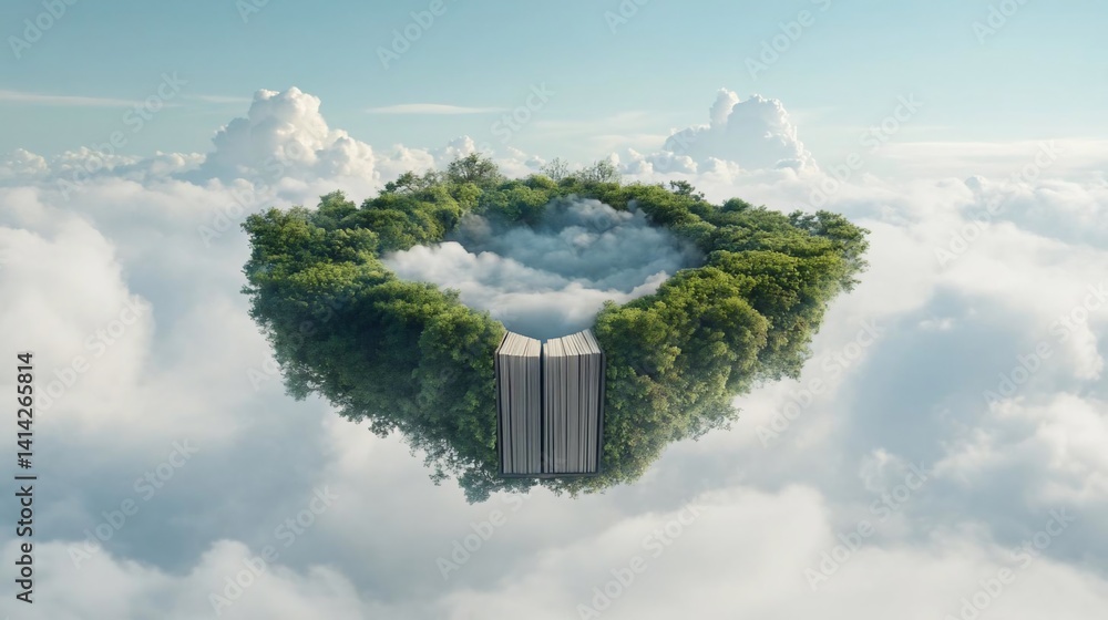 Poster a surreal floating island with lush green trees and a serene cloudy center floats above a sea of clo