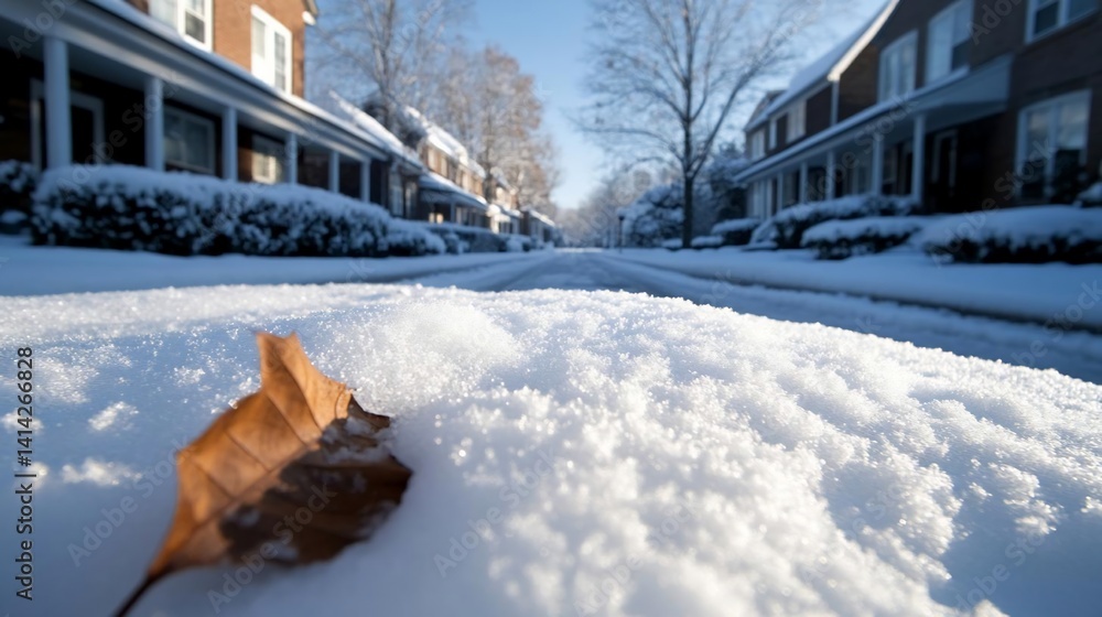 Poster close up view of snow covered ground with a fallen leaf and a residential street in background durin
