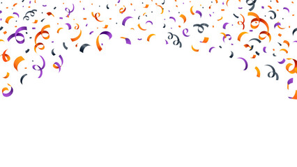 Halloween holiday confetti, vector background with orange, black and purple falling paper pieces cascade, adding festive touch to carnival celebration. Colorful burst of fun and excitement in the air