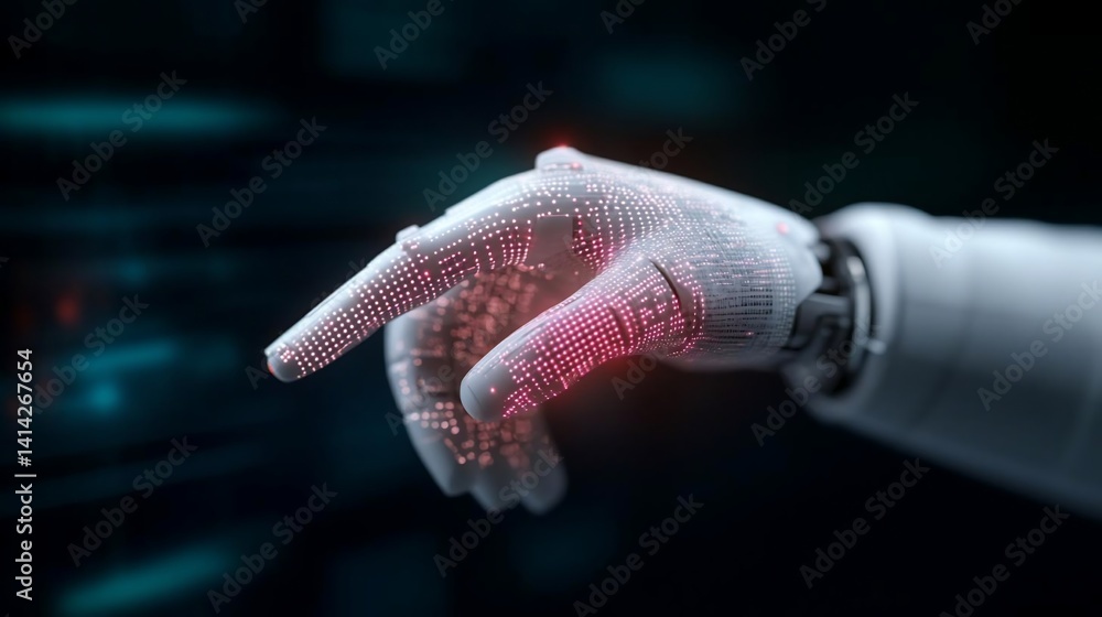 Poster Close-up of a robotic hand with glowing pink circuits on a dark background showcasing technology and futuristic concepts