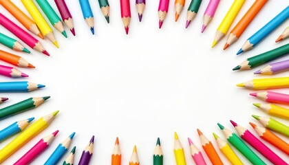 Top view of colorful stationery on half of image, empty zone for educational message