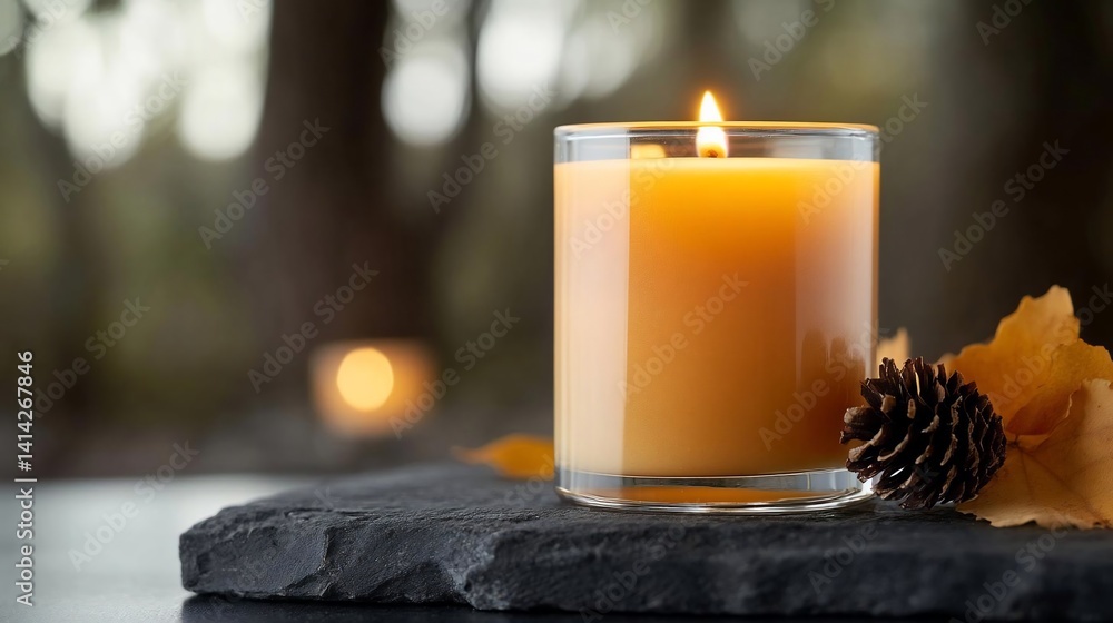 Poster Lit yellow candle in a glass with autumn elements like pine cone and leaf placed on a dark stone table creating a warm and relaxing atmosphere